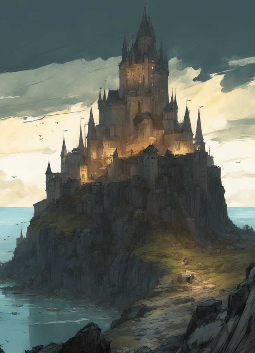 Dark Fantasy Citadel on Cliff in Anime Style