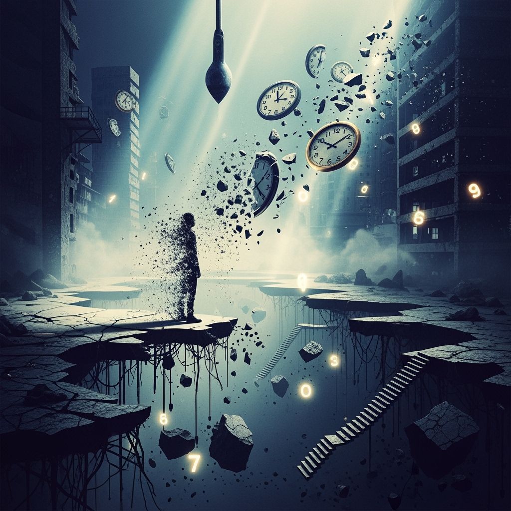 Symbolic Figure in Fractured Urban Void with Falling Clocks