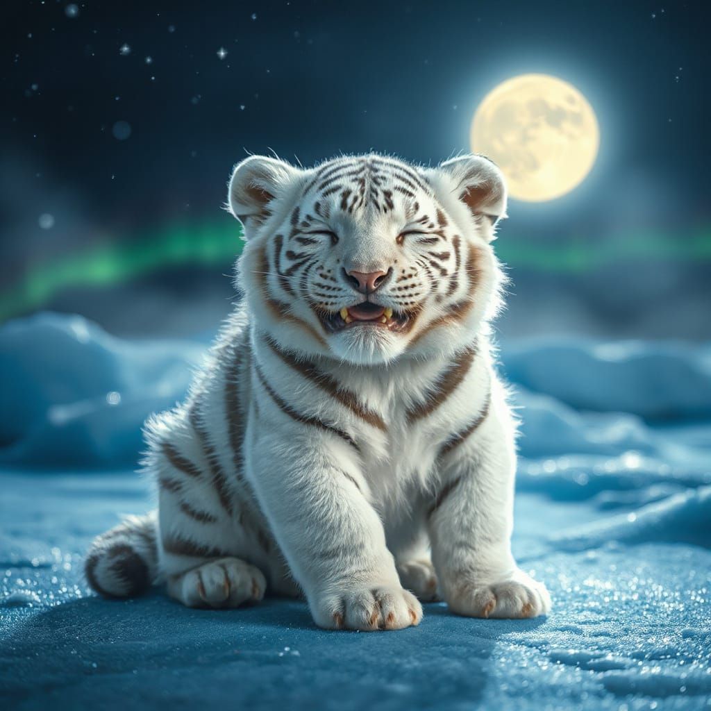 Ethereal White Tiger Cub Under Magical Moonlit Sky