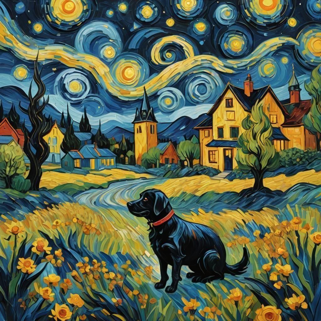 Dog in Vibrant, Van Gogh-Inspired Starry Night