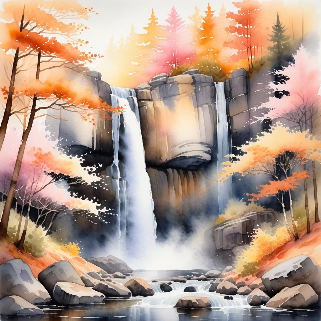 Serene Autumn Waterfall in Japanese Watercolor Style