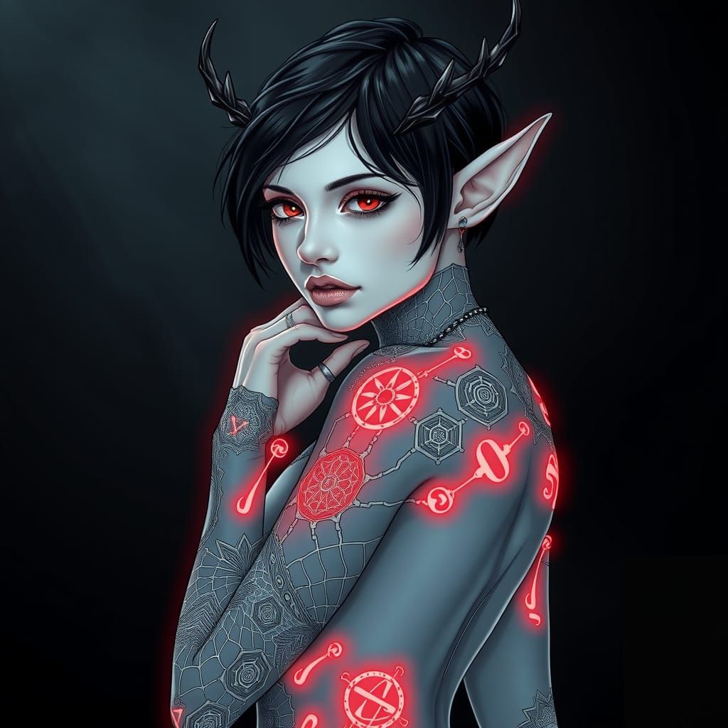 Elf with Rune Tattoos in Detailed Line Art