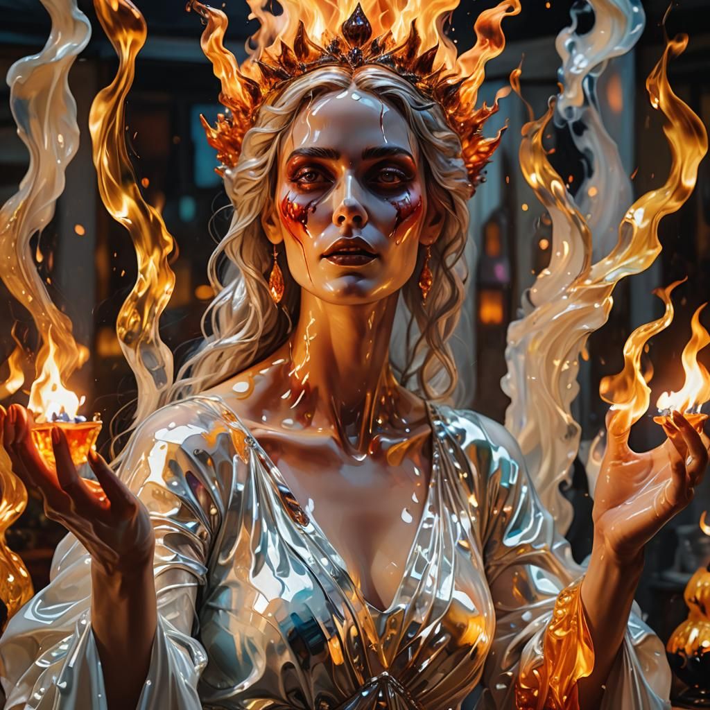 Glass Goddess Playing with Flames in Halloween Setting