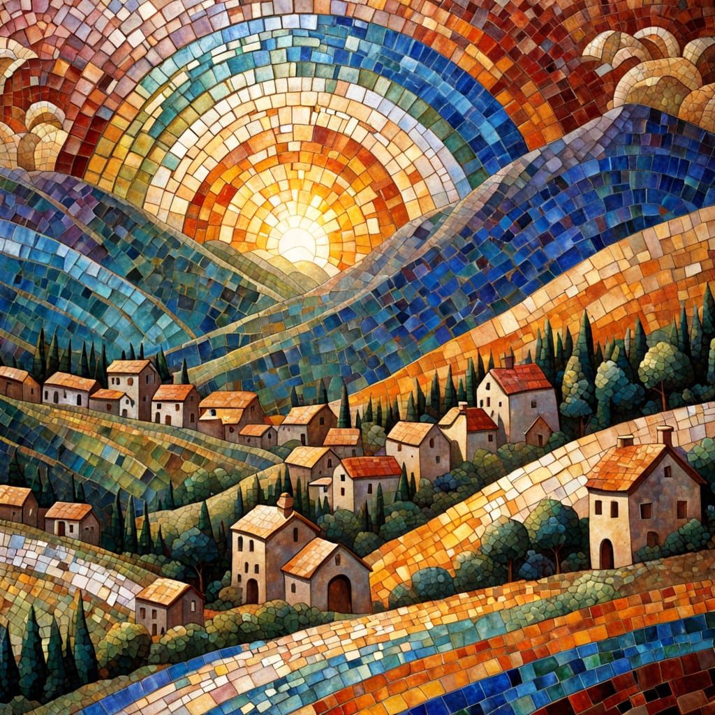 Vibrant Mosaic Village Landscape with Rainbow Arch