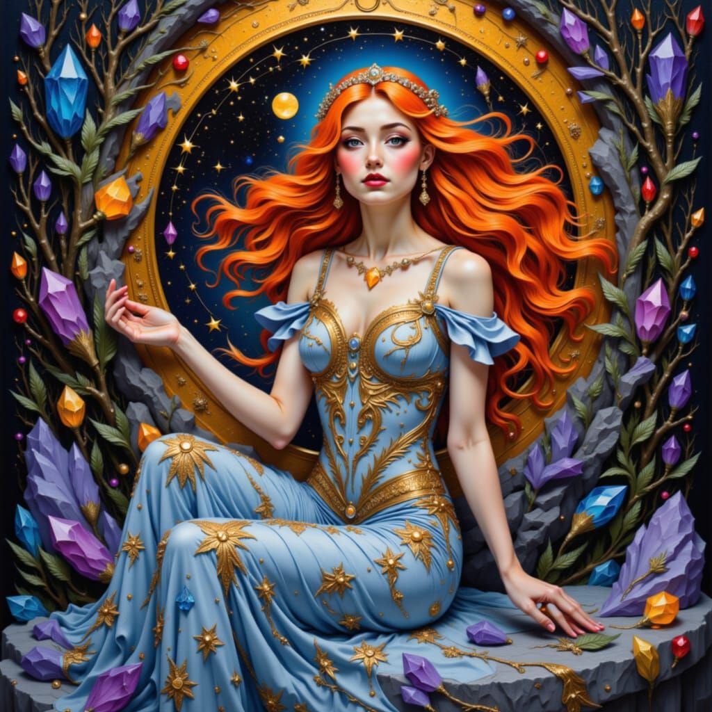 Celestial Maiden in Bioluminescent Grotto, Art Nouveau Style