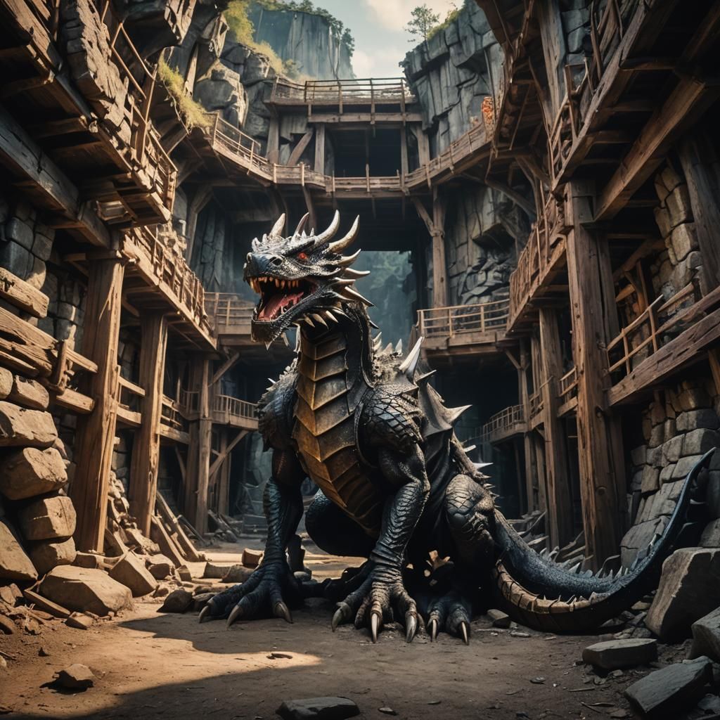 Dragon Guarding Mineshaft Entrance: Cinematic Film Still