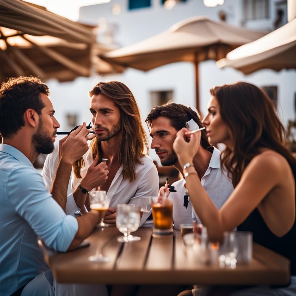Greek Couples Vaping at Mykonos Restaurant: Professional Pho...