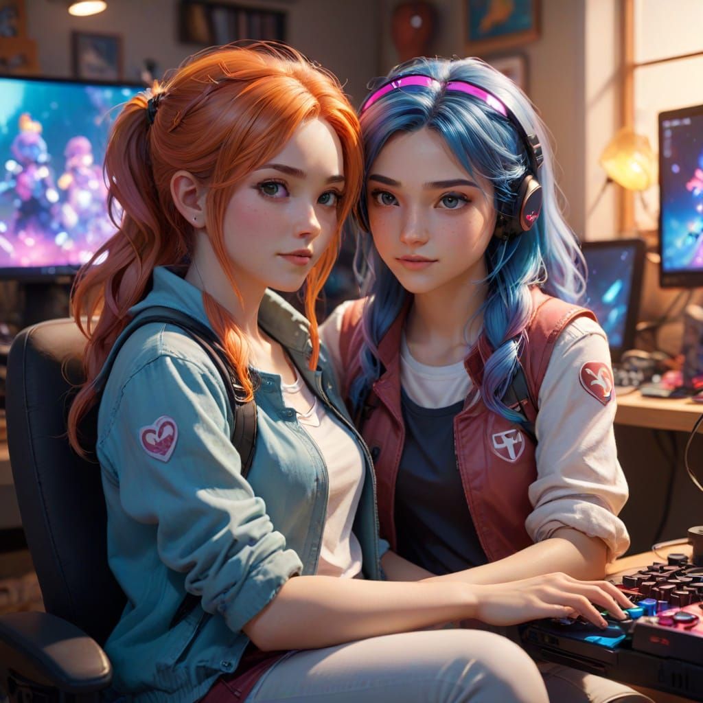 Anime-Inspired Digital Painting of Two Female Gamers in Love