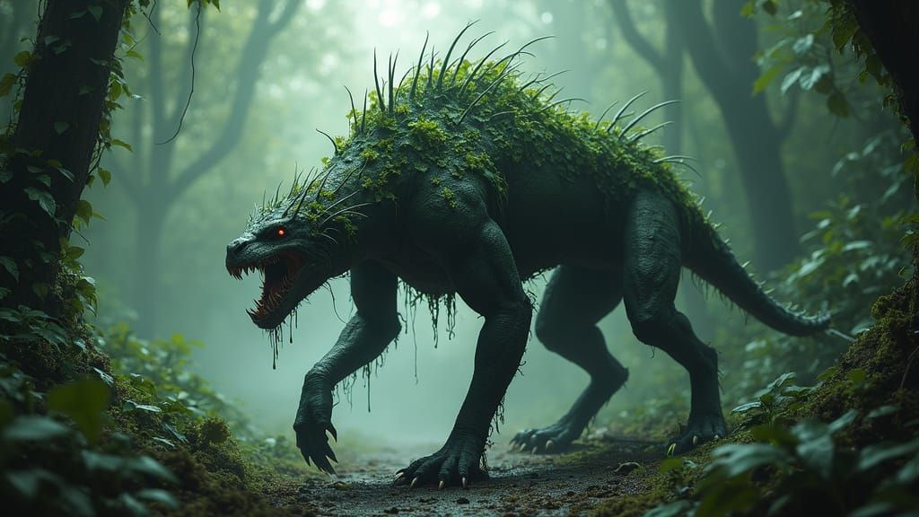 Eyeless Jungle Beast Roaring in Foggy Dark Fantasy Scene