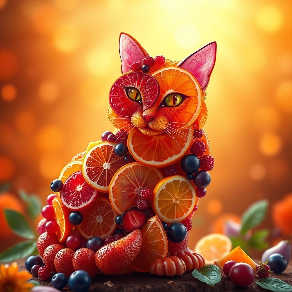 Whimsical Fruit Cat in Dreamlike Landscape