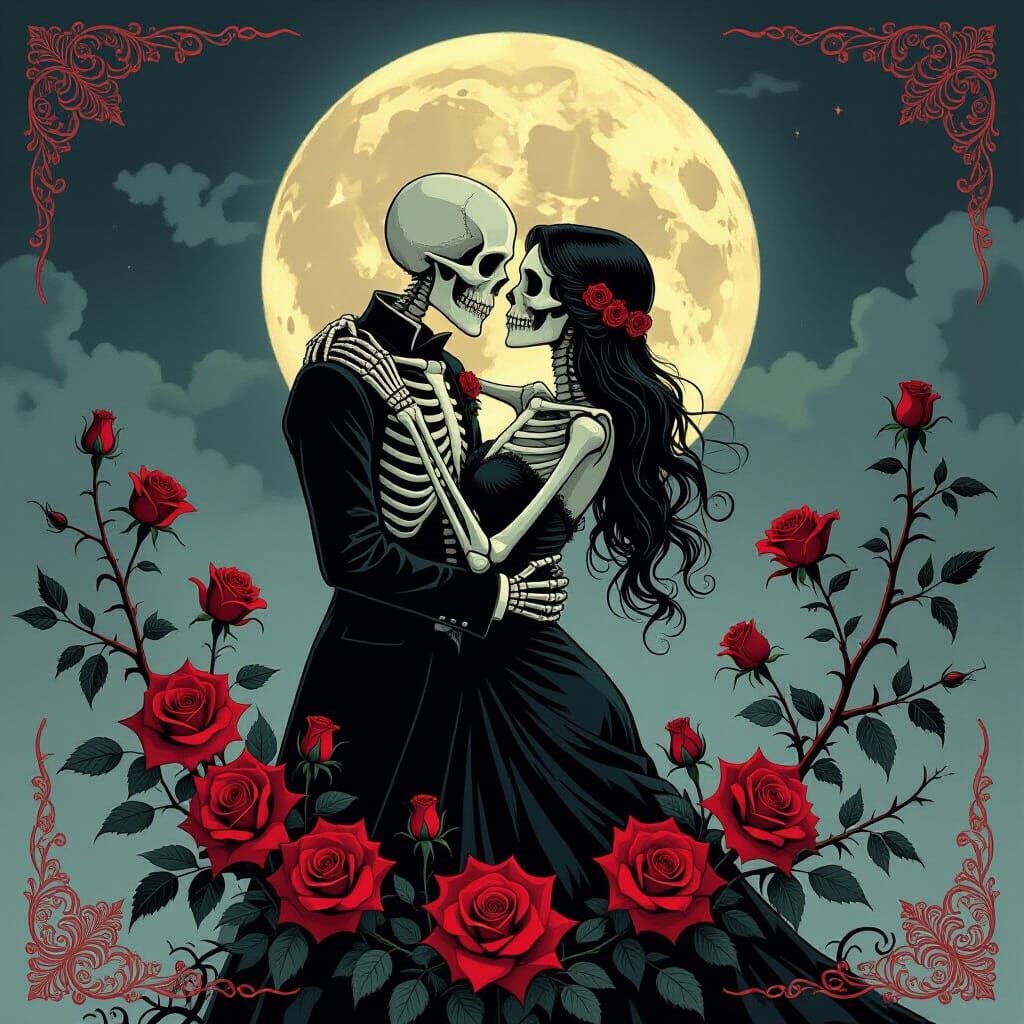 Gothic Skeletal Couple Embrace on Haunted Valentine