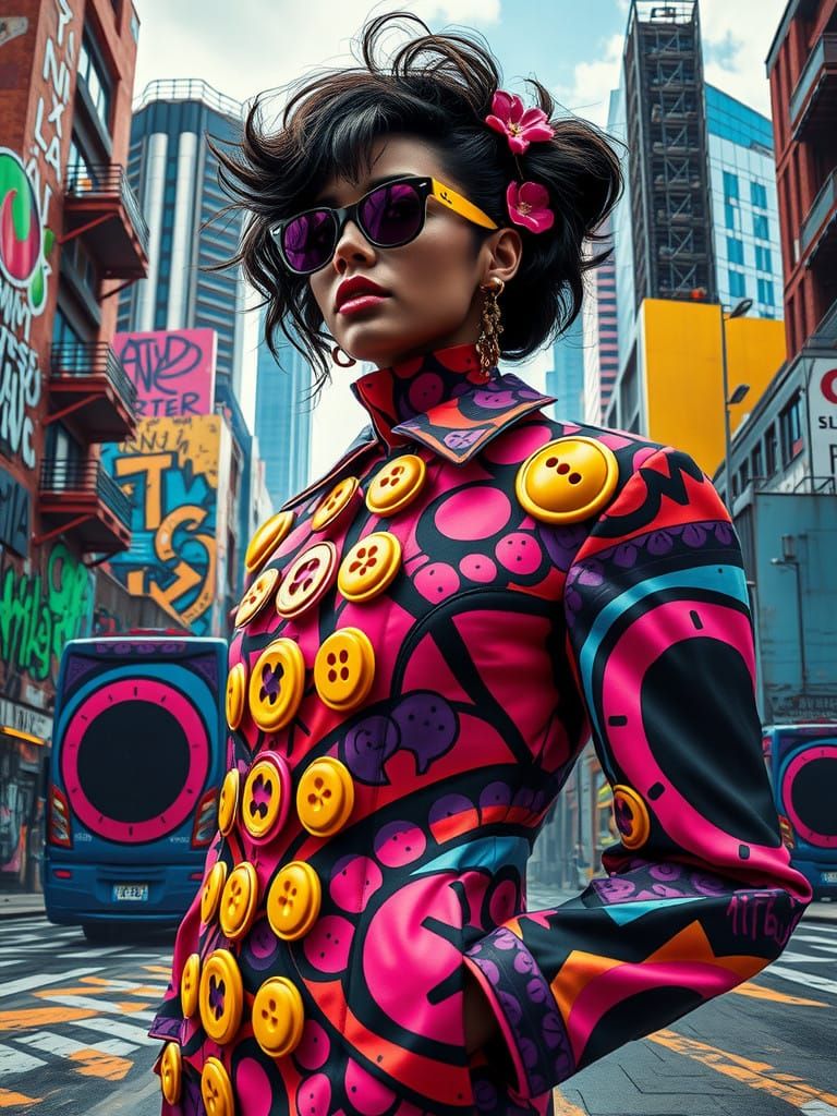 Surreal Haute Couture Fashion Model in Neon Bright Cityscape