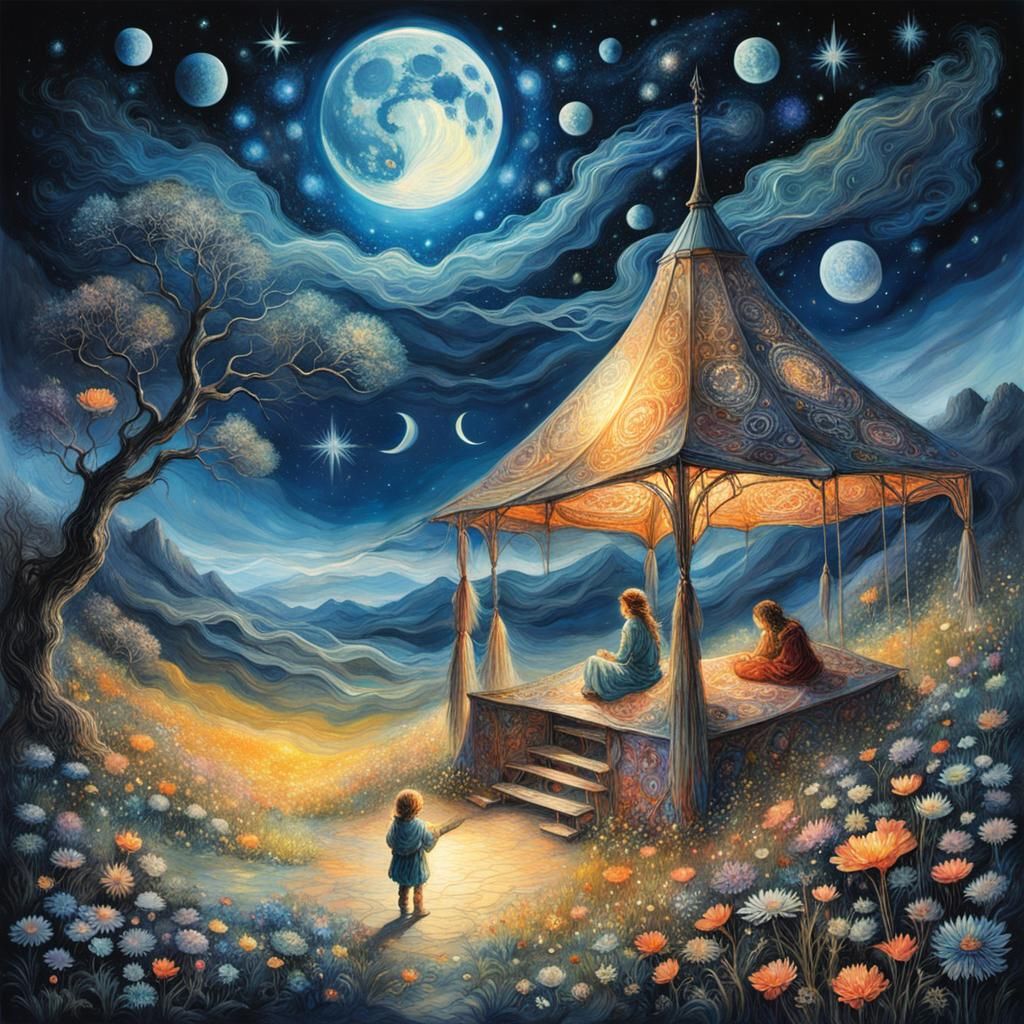 Dreamy Starry Night Camp, Ethereal Blacklight Art