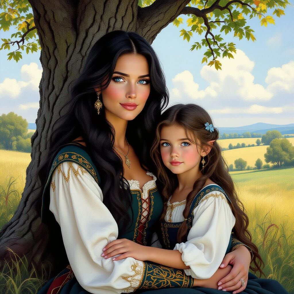 Medieval Woman and Girl in Pre-Raphaelite Style