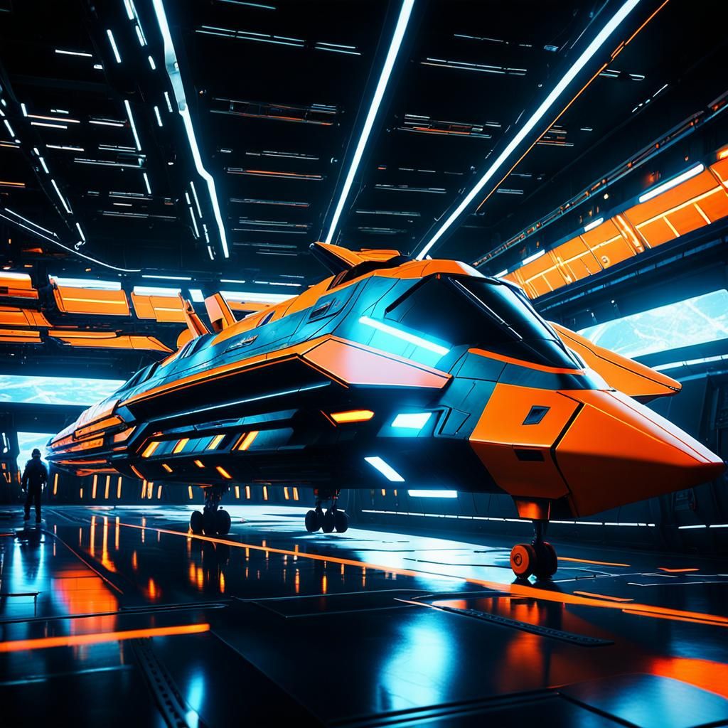 Person Boards Spaceship with Neon Lights: Film Still
