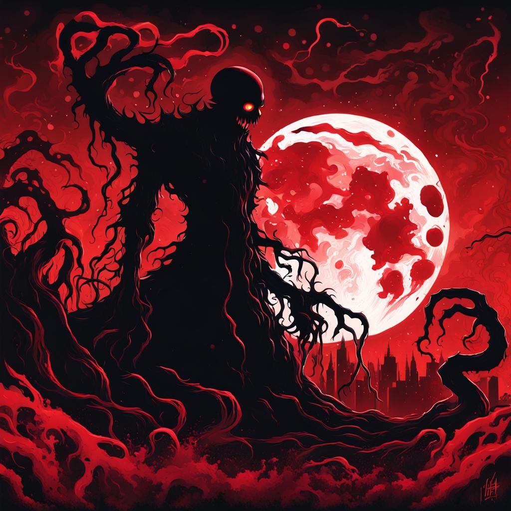 Eldritch Monster Silhouette in Red Graffiti Art