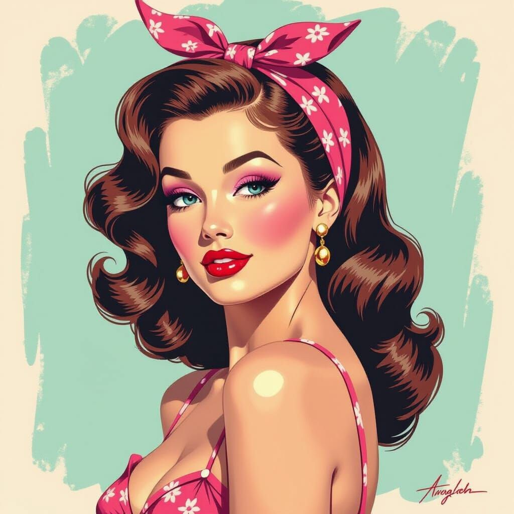 Vintage Pin-Up Woman with Bold Makeup and Retro Hairstyle