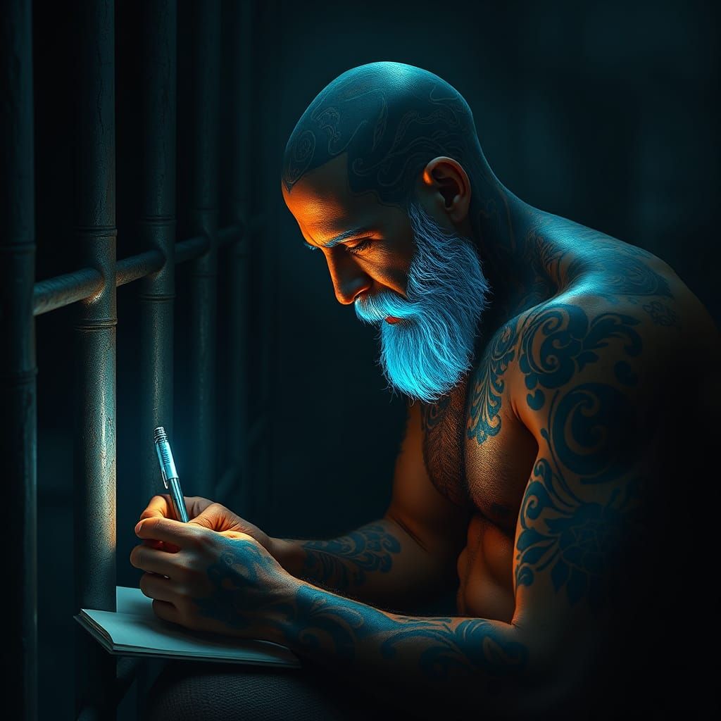 Tattooed Man Writing in Prison Cell, Digital Art
