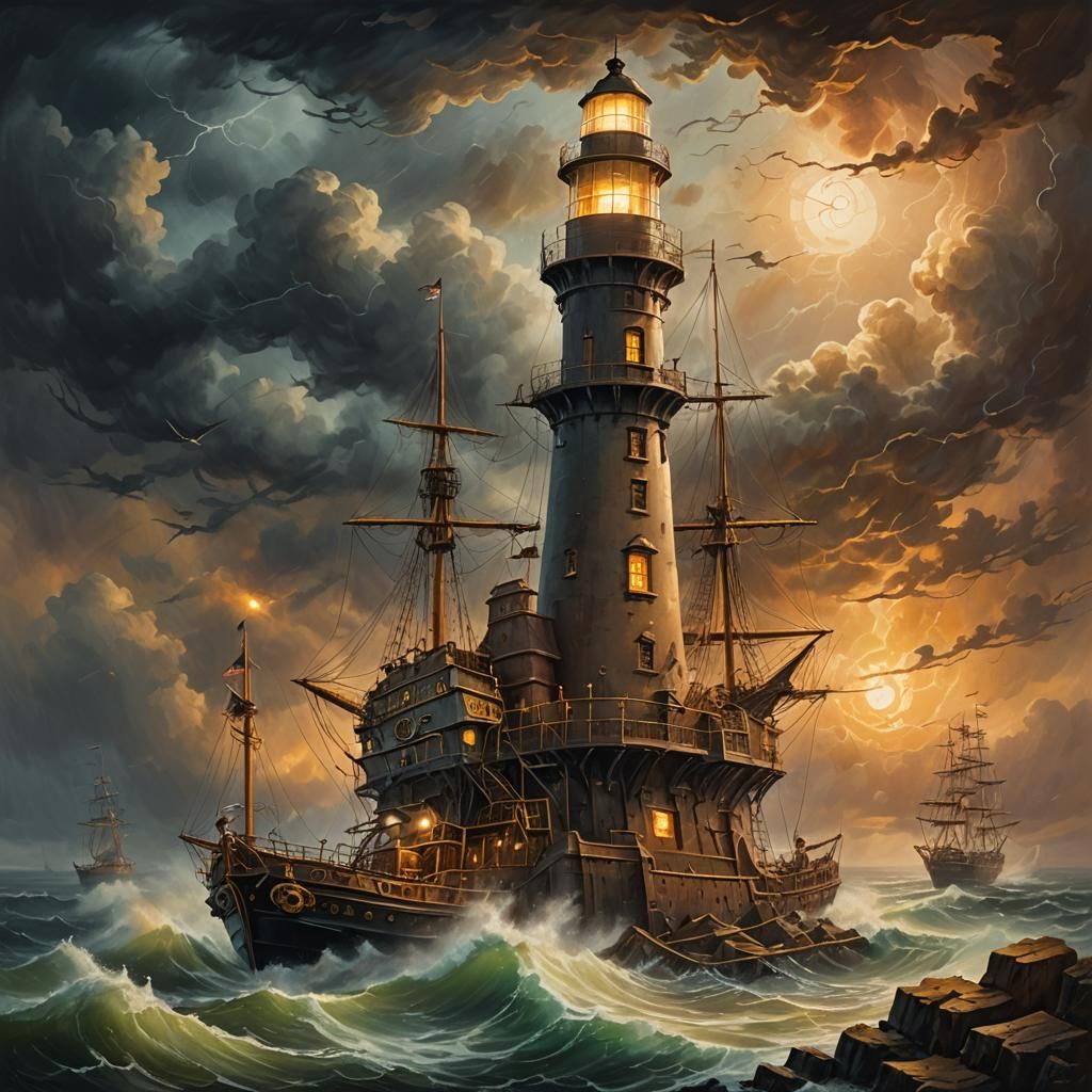 Steampunk Lighthouse Amidst Stormy Seas: Oil Painting