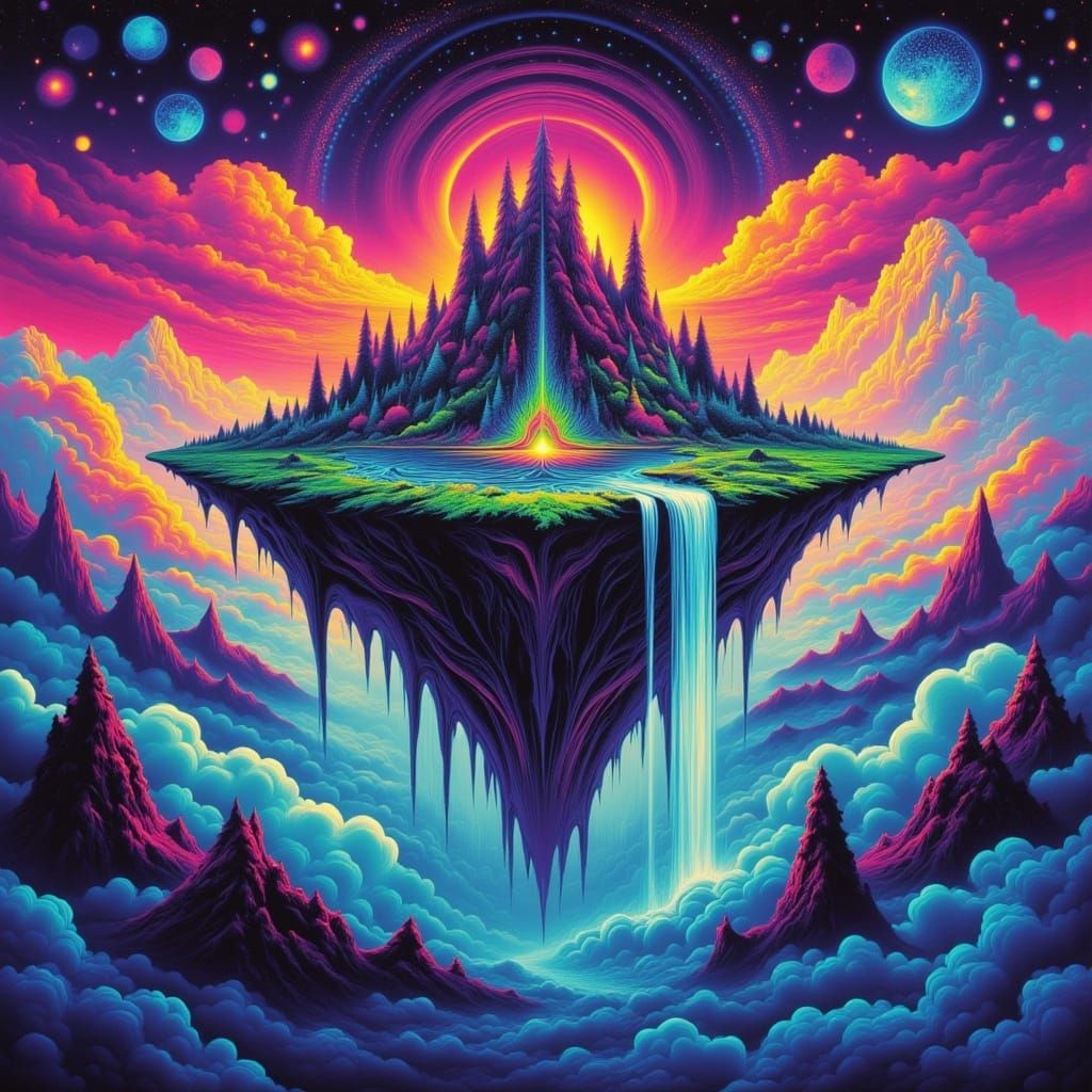 Vivid Neon Floating Island Over Mountains in Psychedelic Sty...