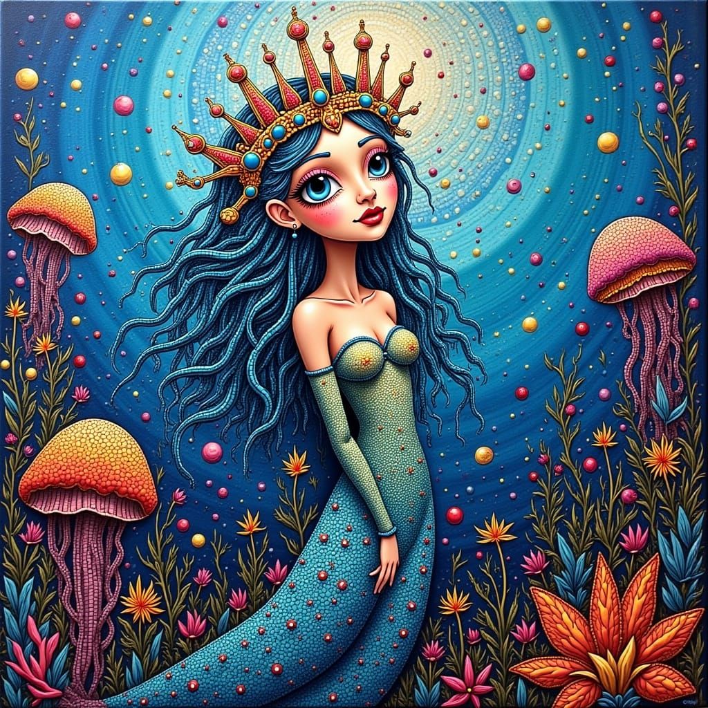 Underwater Fairy Mermaid in Deep Blue Folk-Art Scene
