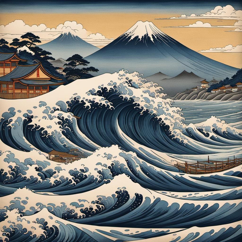 Japanese Wave Crashes Against Coastline in Traditional Ukiyo...