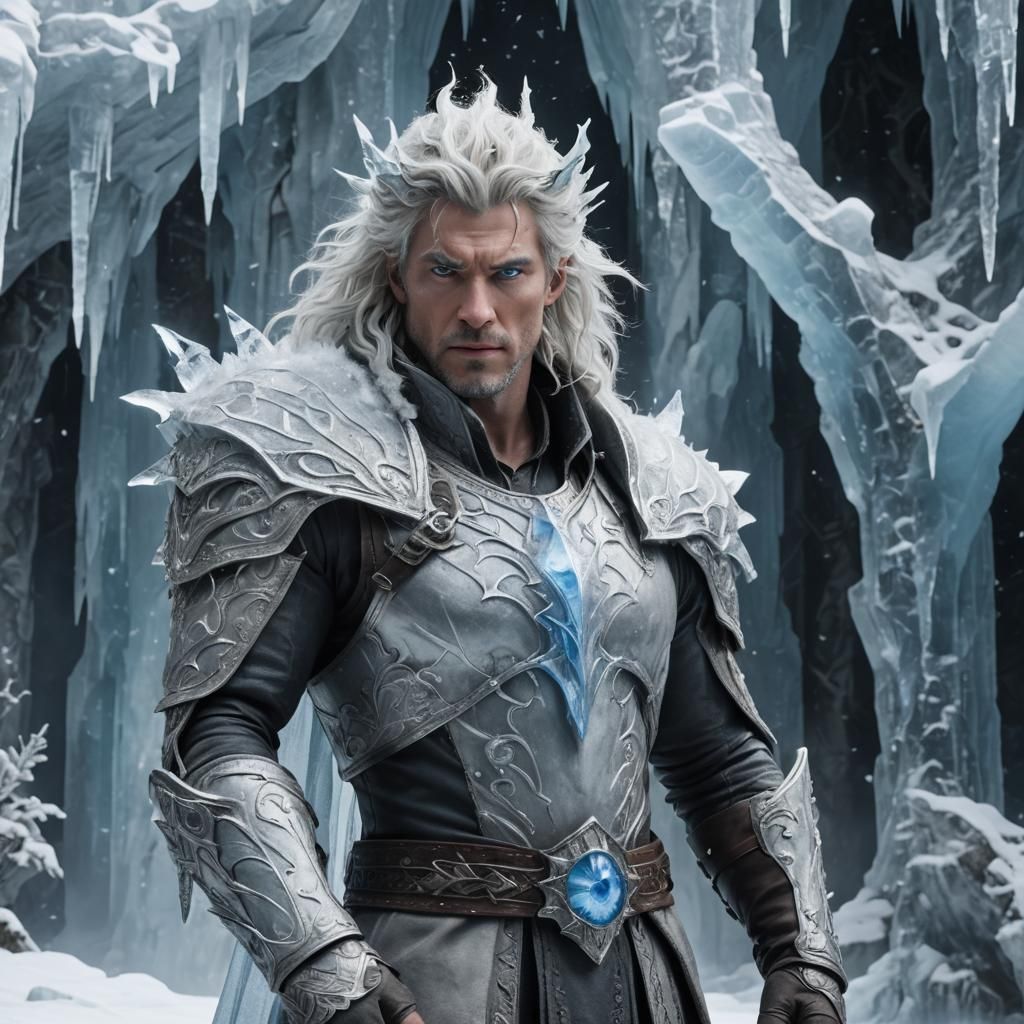 Ice Warlock in Frozen Fortress: Photorealistic Wide Shot