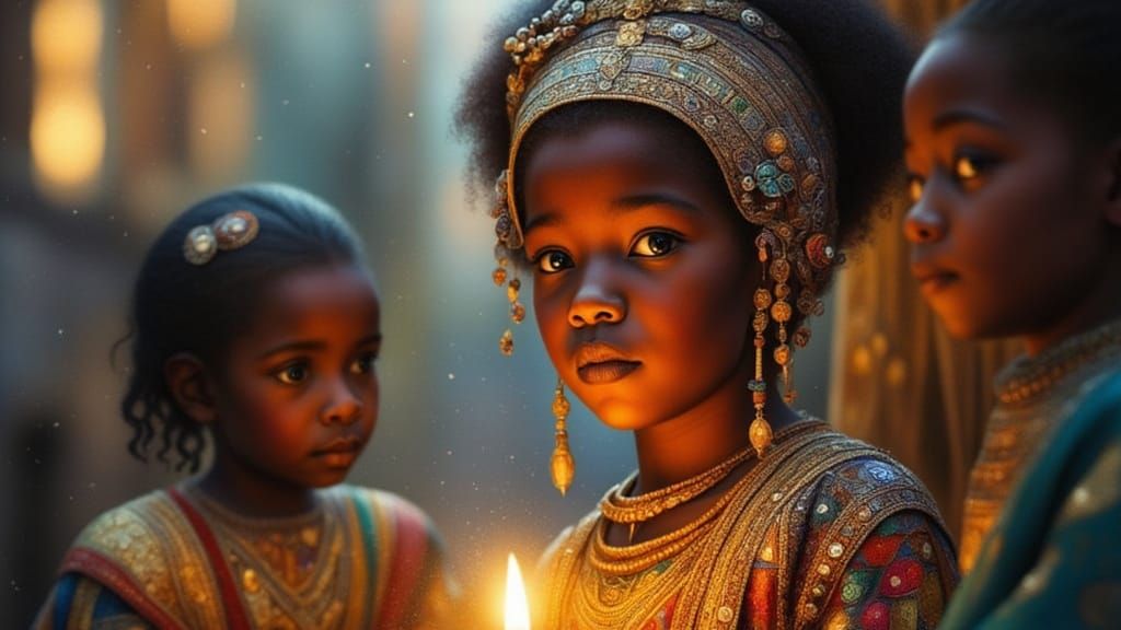 Three Children in Maximalist Magi Fashion Bearing Gifts