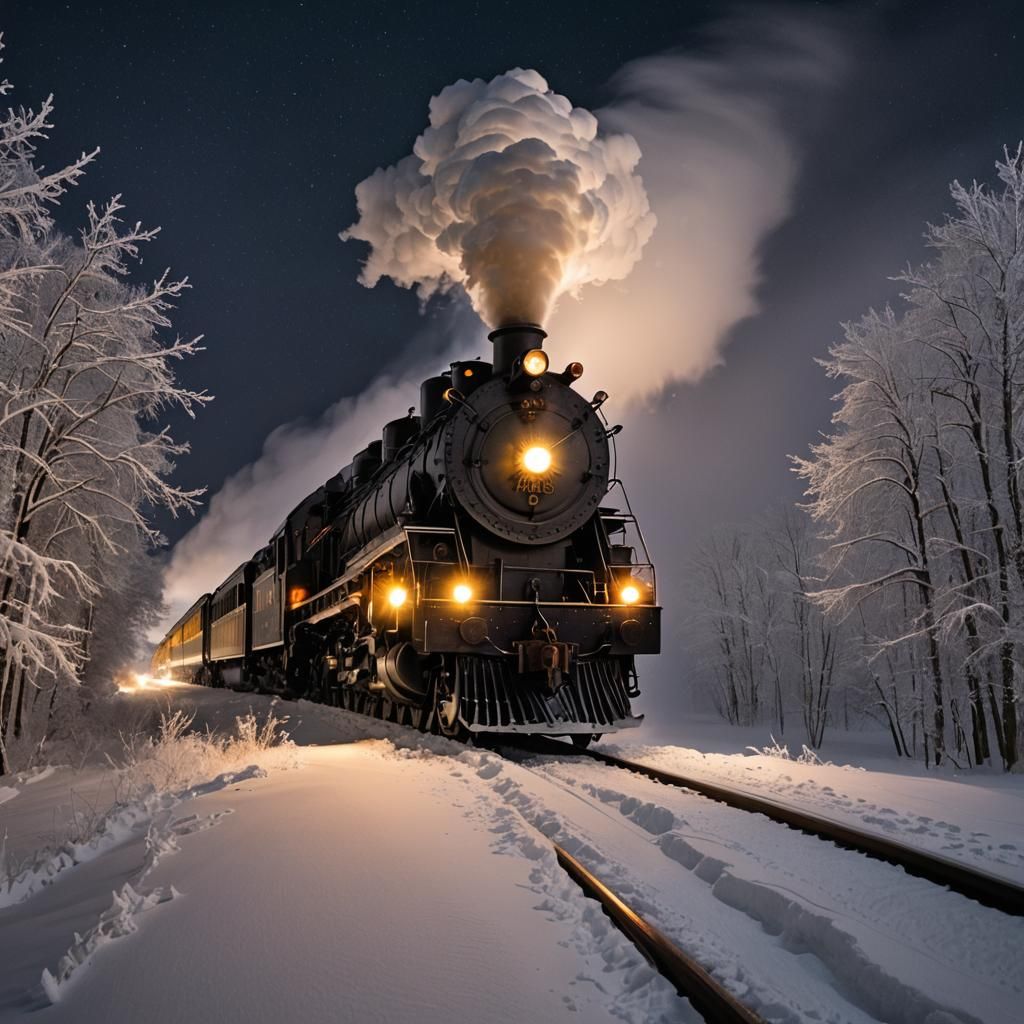 Locomotive Steaming Through Snowy Night