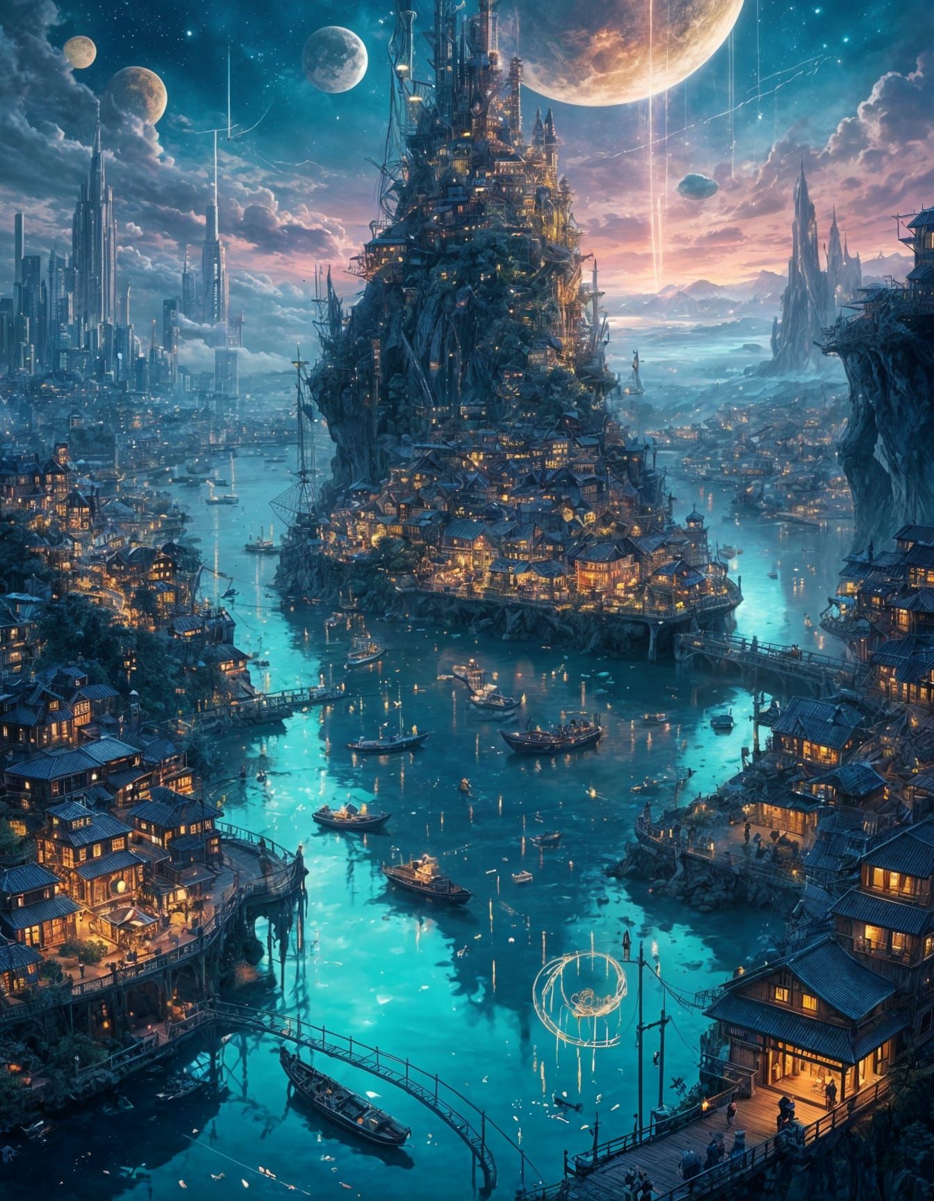 Floating Neon Cities Reflect in Denim Lake