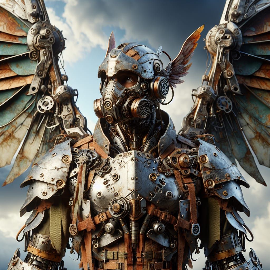 Fantasy Warrior with Mechanical Pterosaur Wings in Rustic Ar...