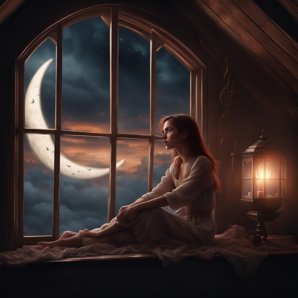 Ethereal Girl in Attic with Crescent Moon