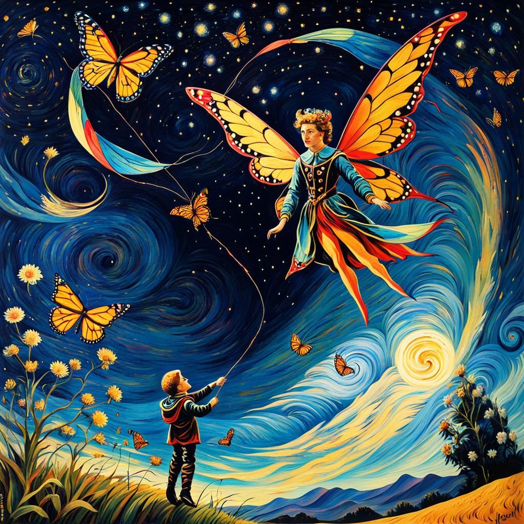 Fairy and Kite in Starry Night, Van Gogh Style