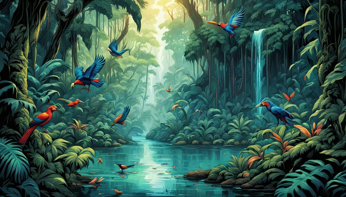 Lush Rainforest Scene in Comic Book Style
