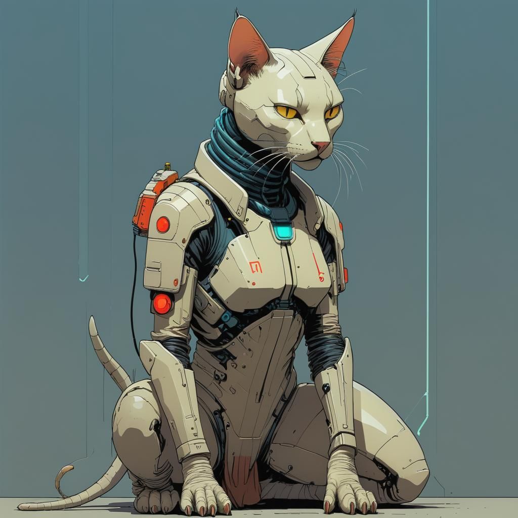 Cyberpunk Cybercat in Moebius Style