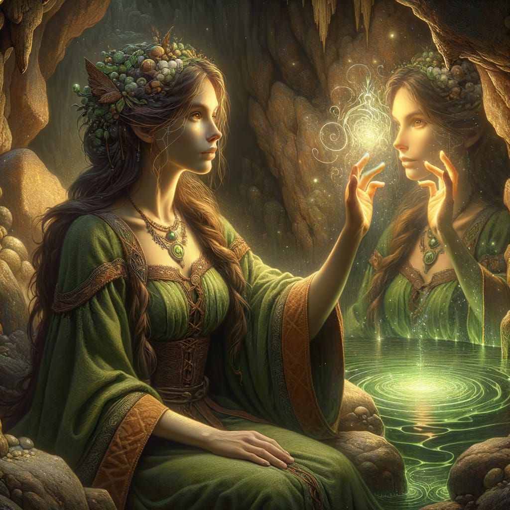 Norse Goddess Gazes into Magical Pool Reflection
