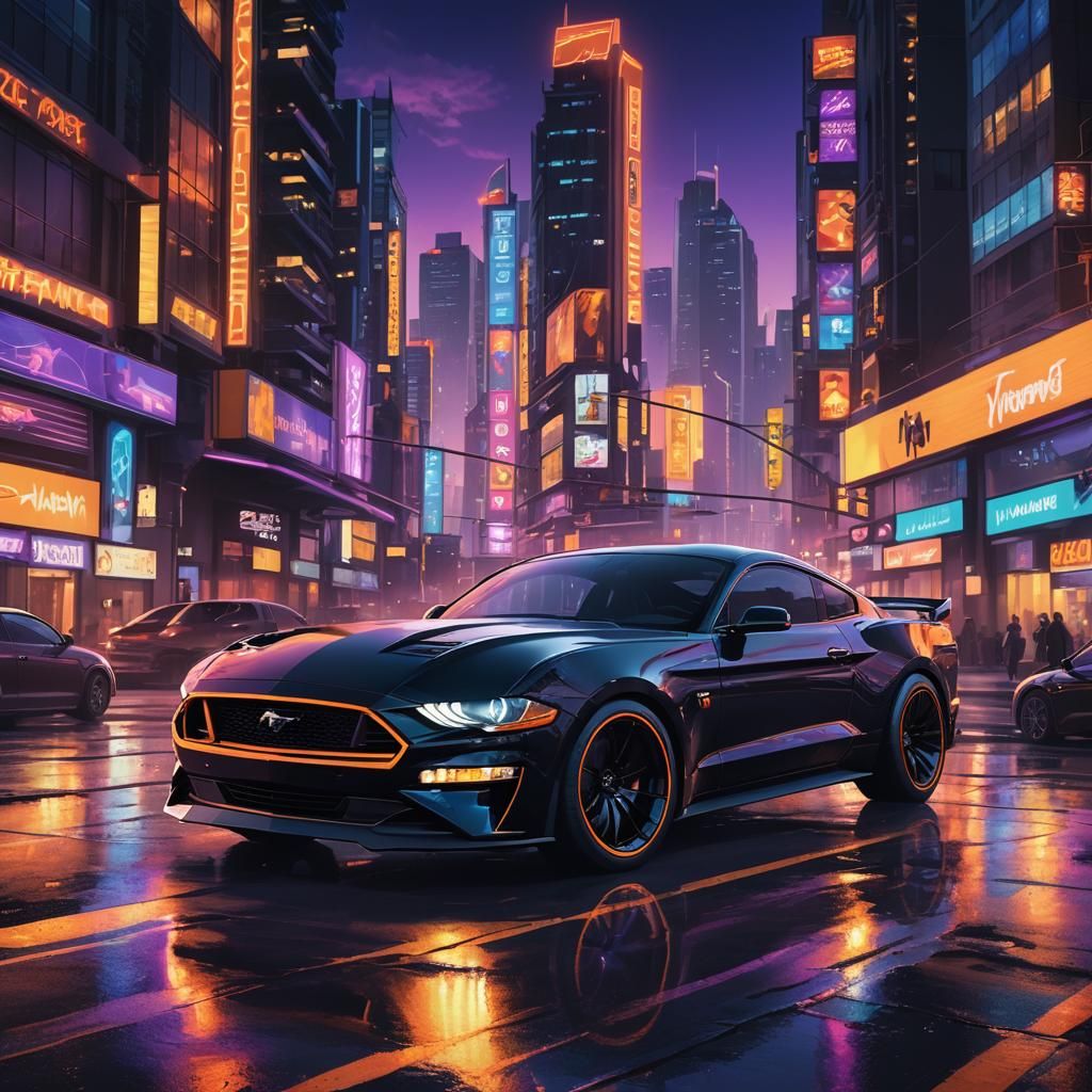 Sleek Mustang Concept Art in Neon Cityscape