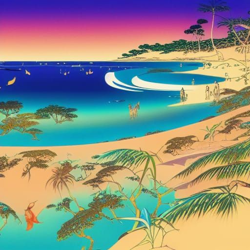 Tropical Australian Beach in Art Nouveau Style