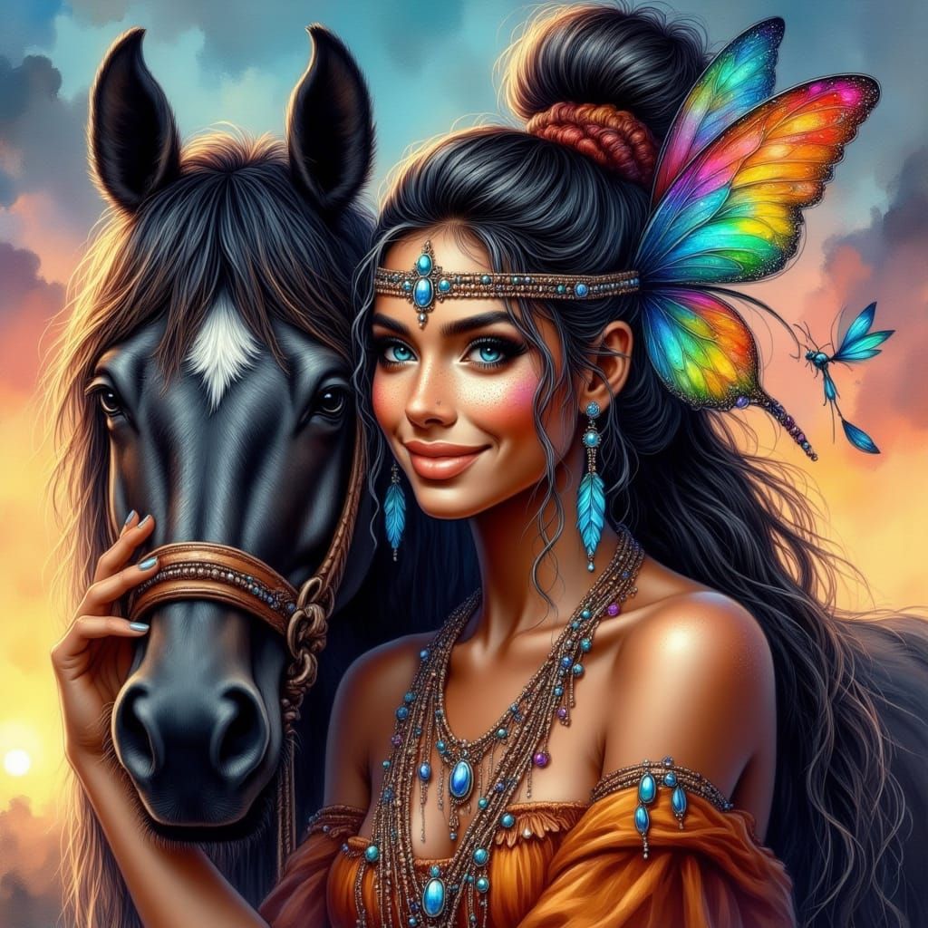 Proud Indian Warrior with Majestic Horse and Rainbow Butterf...