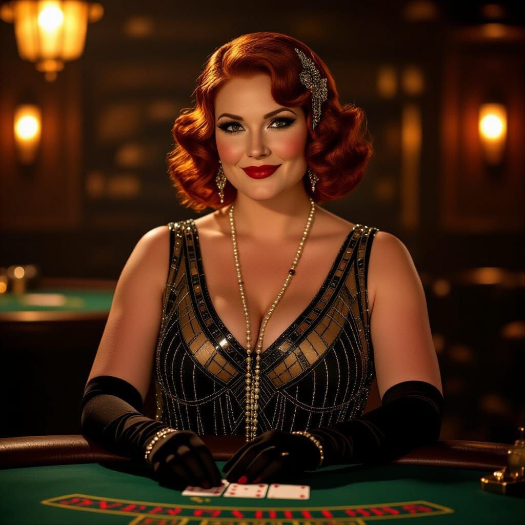 Redhead Gambler Plays Blackjack in Art Deco Style