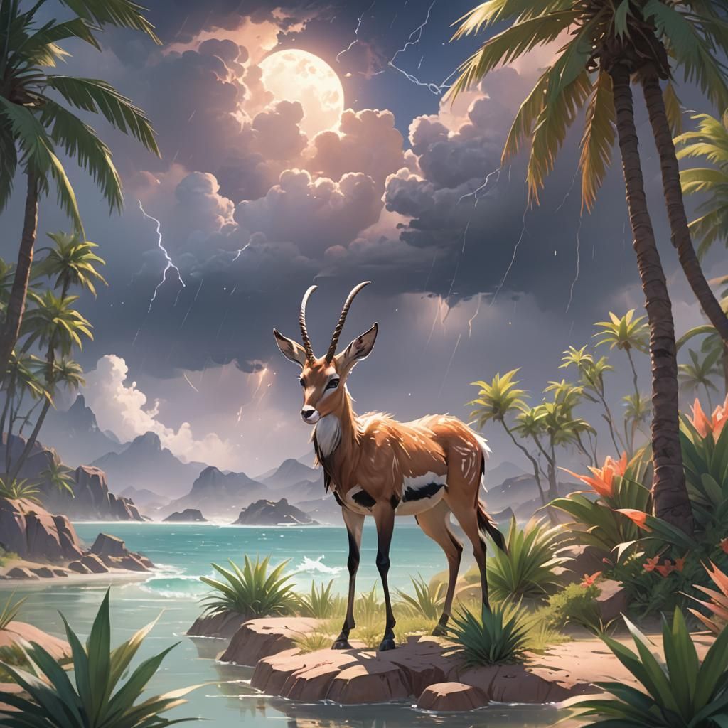 Antelope on Desert Island in 3D Anime Style