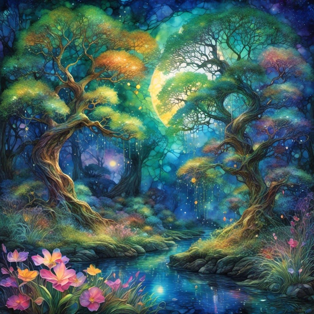 Magical World with Iridescent Flora and Rainbow Fish