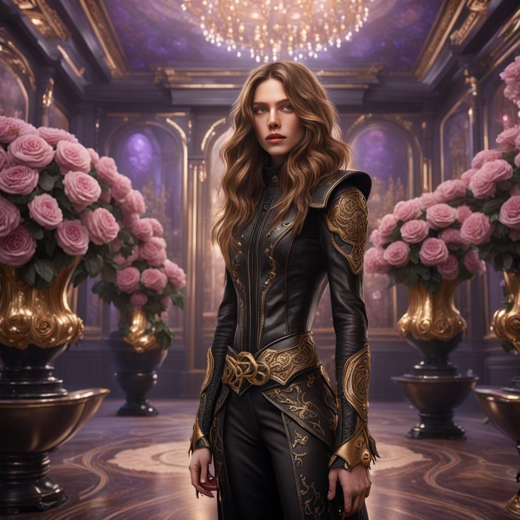 A beautiful assasin in a room full of roses