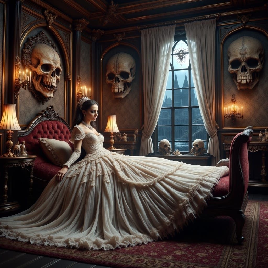 Gothic Bride in Ornate Gown, Ethereal Chamber