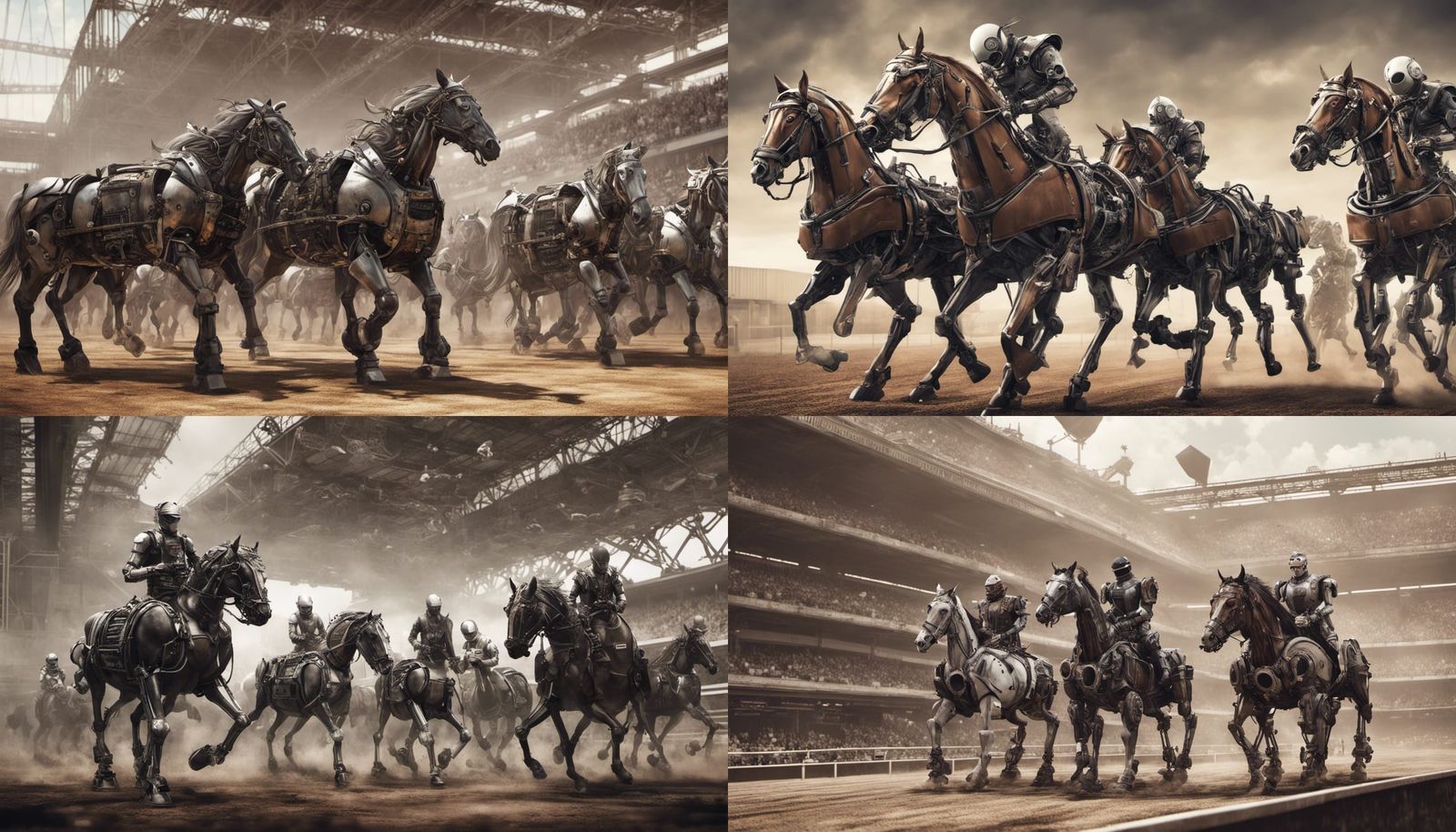 Cyberpunk Robot Horse Race with Steampunk Elements