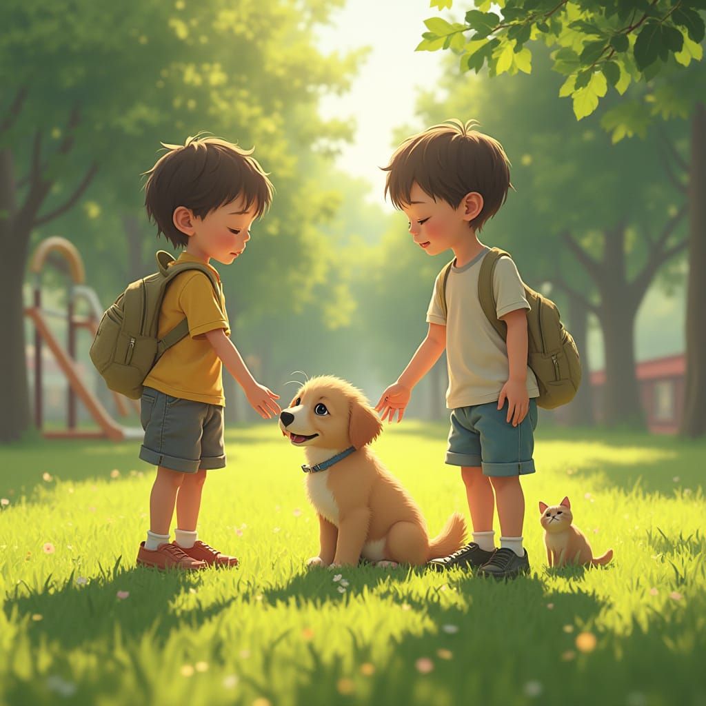 Children Petting Puppy in Sunny Park, Cinematic Style