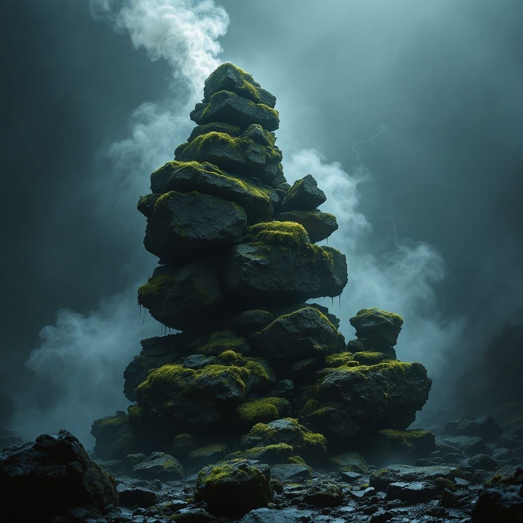 Mysterious Moss-Covered Tower of Precariously Balanced Rocks...