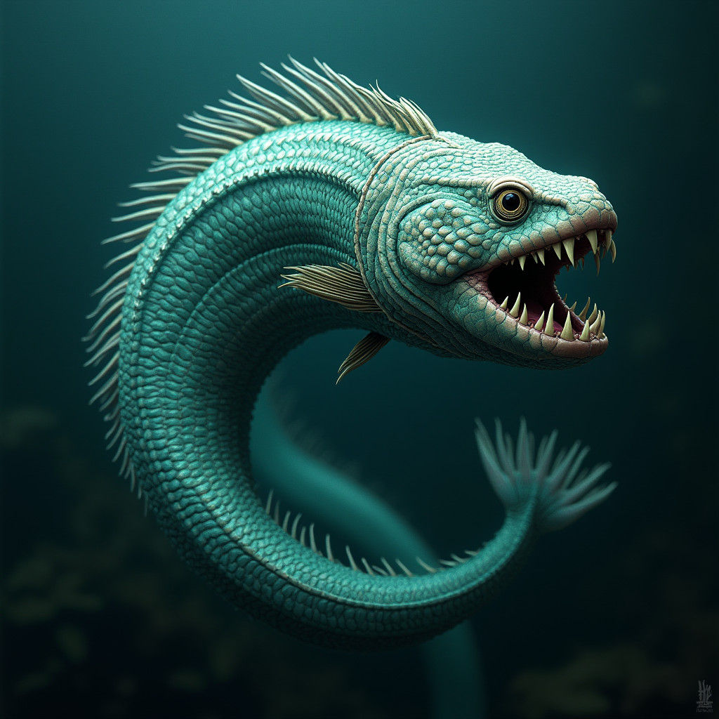 Glistening Serpent-Fish in Biomechanical Dark Fantasy Style