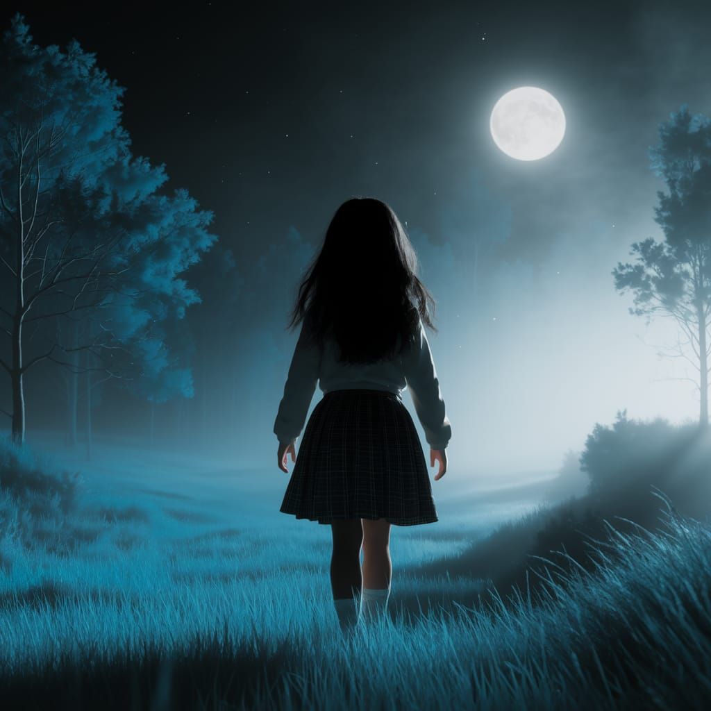 Girl Walking in Misty Night Landscape