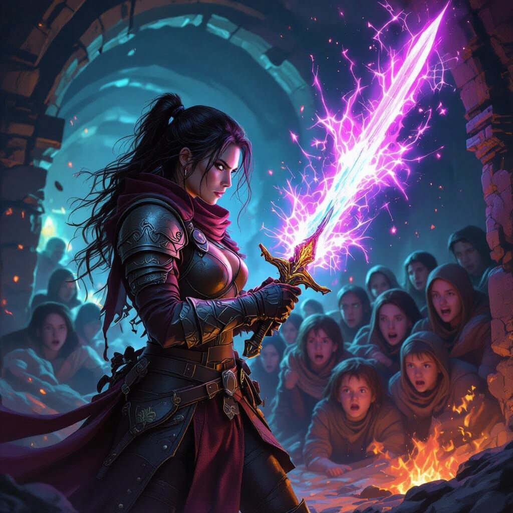 Female Adventurer Shields Villagers in a Dungeon